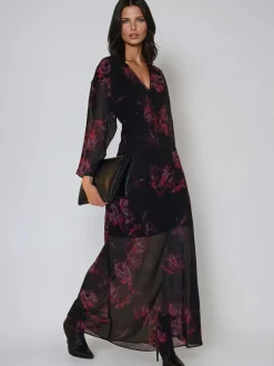 Religion Red Lily Column Bias Cut Maxi Dress In Dark Floral Fade Print Clearance