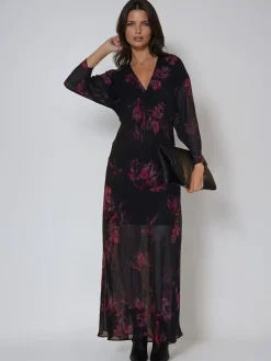 Religion Red Lily Column Bias Cut Maxi Dress In Dark Floral Fade Print Clearance