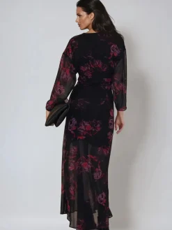 Religion Red Lily Column Bias Cut Maxi Dress In Dark Floral Fade Print Clearance