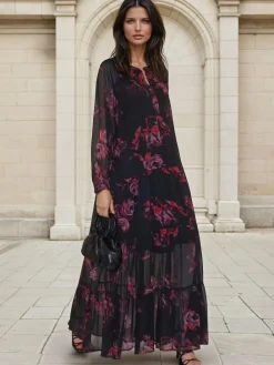 Religion Red Zoe Tiered Maxi Boho Dress With Tiered Skirt In Dark Floral Clearance