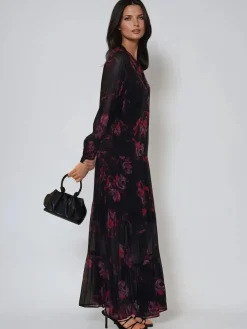 Religion Red Zoe Tiered Maxi Boho Dress With Tiered Skirt In Dark Floral Clearance