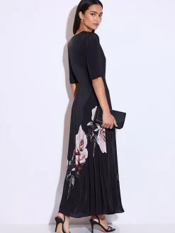 Religion Short Sleeved Diana Maxi Tea Dress With Large Rose Placement Print In Cupro Rose Pink Best