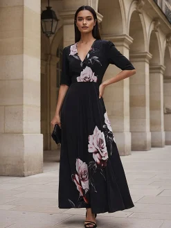 Religion Short Sleeved Diana Maxi Tea Dress With Large Rose Placement Print In Cupro Rose Pink Best