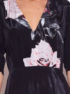 Religion Short Sleeved Diana Maxi Tea Dress With Large Rose Placement Print In Cupro Rose Pink Best