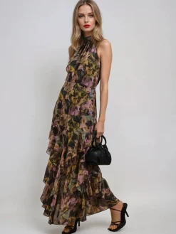 Religion Taylor Maxi Dress With Full Ruffle Skirt Yellow New