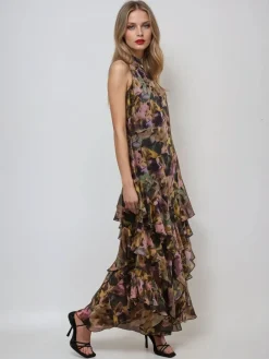 Religion Taylor Maxi Dress With Full Ruffle Skirt Yellow New