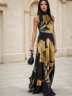 Religion Valeria Column Maxi Dress With Large Floral Print Yellow Outlet