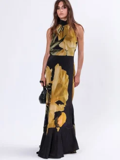 Religion Valeria Column Maxi Dress With Large Floral Print Yellow Outlet