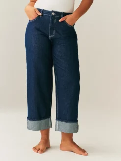 Next Boyfriend Hourglass Wide Leg Mid Rise Turn Up Jeans Rinse Blue Clearance