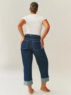 Next Boyfriend Hourglass Wide Leg Mid Rise Turn Up Jeans Rinse Blue Clearance