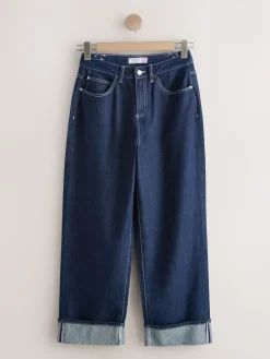 Next Boyfriend Hourglass Wide Leg Mid Rise Turn Up Jeans Rinse Blue Clearance