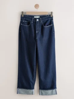 Next Boyfriend Wide Leg Mid Rise Turn Up Jeans Rinse