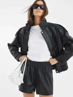 River Island Black Elasticated Faux Leather Shorts Hot