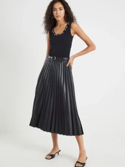 River Island Black Faux Leather Pleated Midi Skirt New