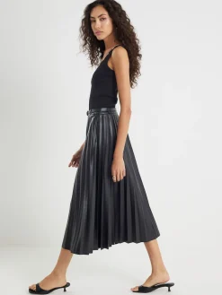 River Island Black Faux Leather Pleated Midi Skirt New