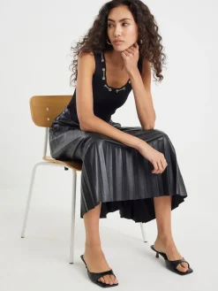 River Island Black Faux Leather Pleated Midi Skirt New