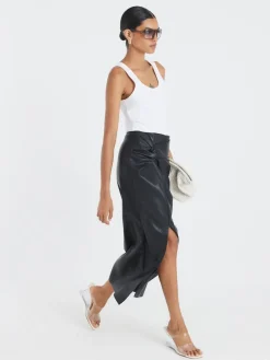 River Island Black Faux Leather Twist Side Midi Skirt Clearance
