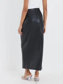 River Island Black Faux Leather Twist Side Midi Skirt Clearance