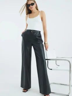 River Island Black Faux Leather Belted Wide Leg Trousers Outlet