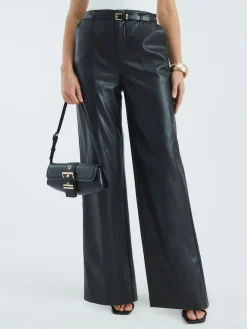 River Island Black Faux Leather Belted Wide Leg Trousers Outlet