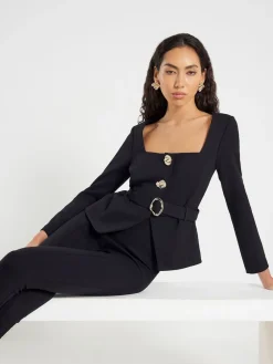 River Island Black Long Sleeve Belted Button Detail Blazer Online