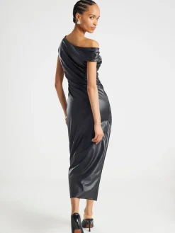 River Island Black One shoulder Drape Faux Leather Midi Dress Discount