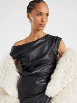 River Island Black One shoulder Drape Faux Leather Midi Dress Discount