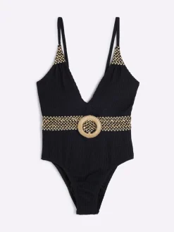 River Island Black Petite Texture Plunge Swimsuit Clearance