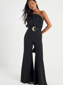 River Island Black Petite 3D Trim One Shoulder Jumpsuit New