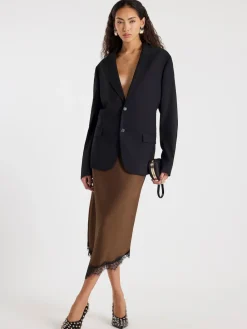 River Island Brown Asymmetric Lace Trim Satin Skirt Outlet