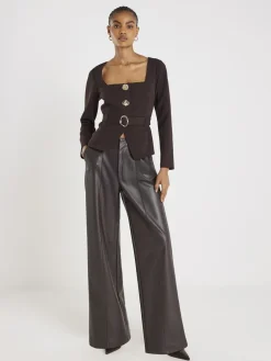 River Island Brown Long Sleeve Square Neck Belted Blazer Sale