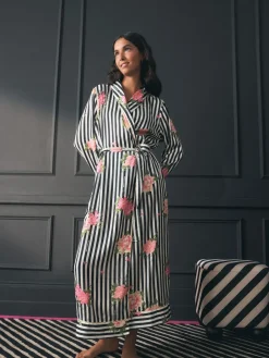 Rockett St George Black/White Flower Power Stripe Satin Robe Discount