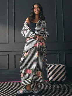 Rockett St George Black/White Flower Power Stripe Satin Robe Discount