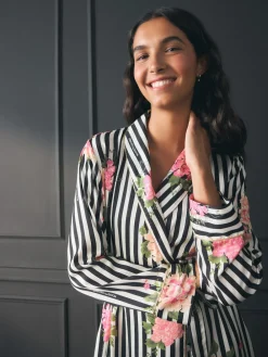 Rockett St George Black/White Flower Power Stripe Satin Robe Discount