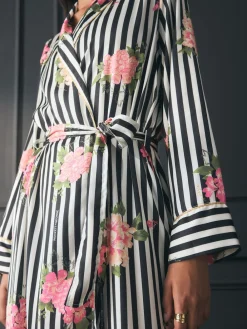 Rockett St George Black/White Flower Power Stripe Satin Robe Discount