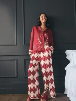 Rockett St George Red Argyle Swan Textured Satin Button Through Pyjamas Clearance
