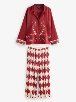 Rockett St George Red Argyle Swan Textured Satin Button Through Pyjamas Clearance