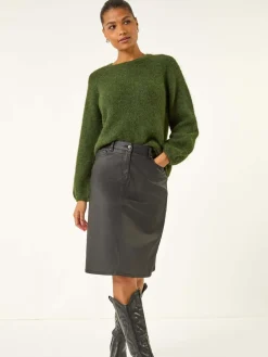 Roman Black Coated Midi Pencil Skirt New