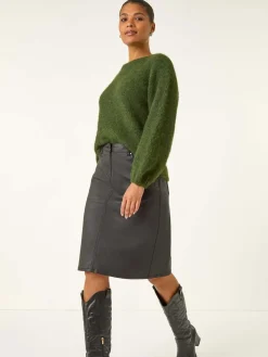 Roman Black Coated Midi Pencil Skirt New