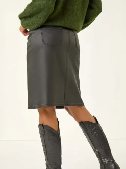 Roman Black Coated Midi Pencil Skirt New