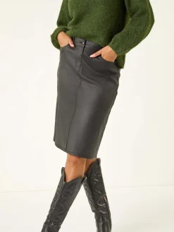 Roman Black Coated Midi Pencil Skirt New