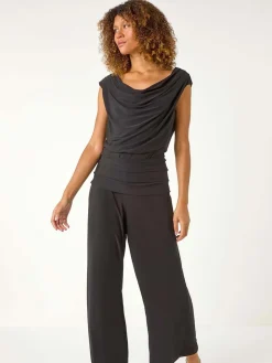Roman Black Cowl Neck Ruched Stretch Jumpsuit Clearance