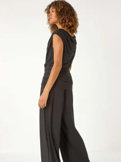 Roman Black Cowl Neck Ruched Stretch Jumpsuit Clearance