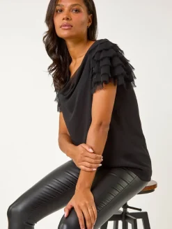 Roman Black Cowl Neck Shoulder Sequin Frill Top Discount