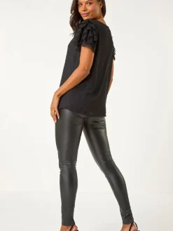 Roman Black Cowl Neck Shoulder Sequin Frill Top Discount