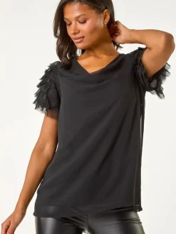 Roman Black Cowl Neck Shoulder Sequin Frill Top Discount