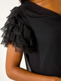 Roman Black Cowl Neck Shoulder Sequin Frill Top Discount