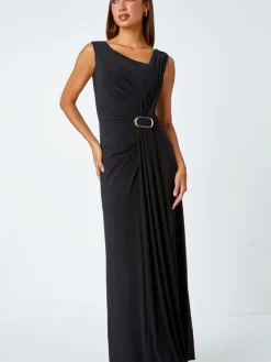 Roman Black Draped Buckle Detail Maxi Dress Outlet