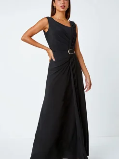 Roman Black Draped Buckle Detail Maxi Dress Outlet