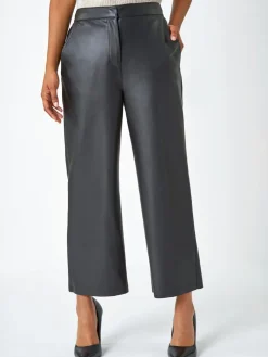 Roman Black Faux Leather Wide Leg Crop Trousers Sale